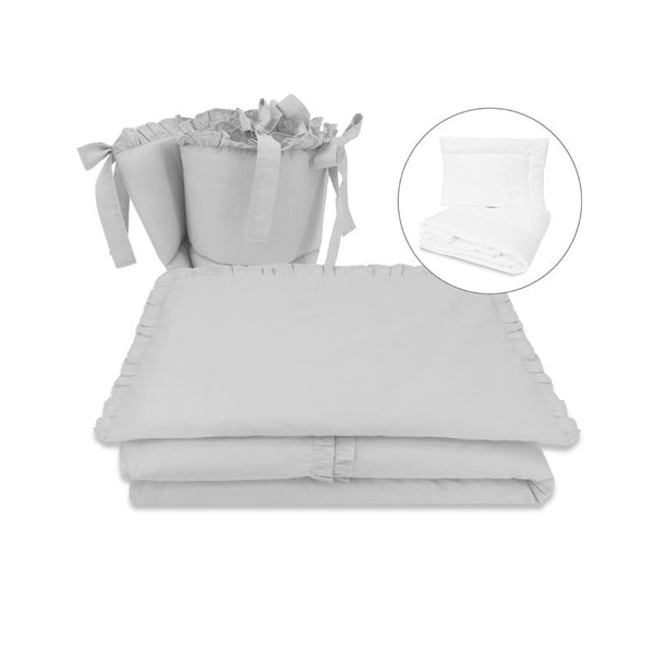 Set lenjerie patut 5 piese, Cu volanase, Cu pilota si perna, Din bumbac certificat Oeko Tex Standard 100, Pentru patut 120x60 cm, Colectia Royal, Grey, MimiNu