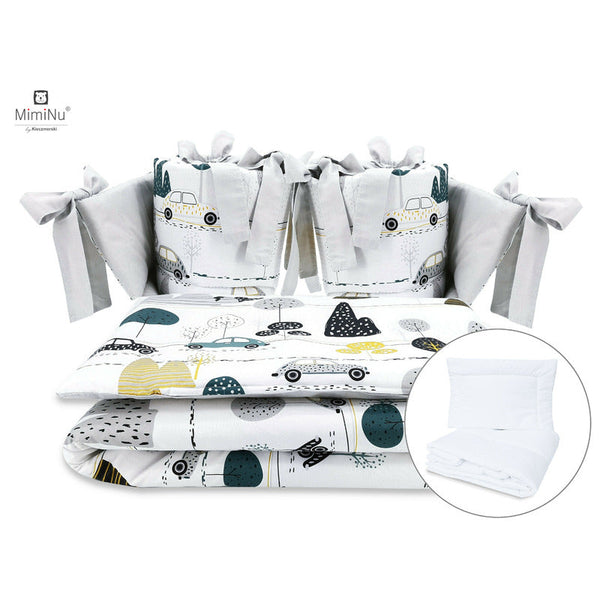 Set lenjerie patut cu 6 piese, Cu pilota si perna, Cu doua aparatori laterale, Din bumbac certificat Oeko Tex Standard 100, Pentru patut 120x60 cm, Childrens Journey Grey, MimiNu