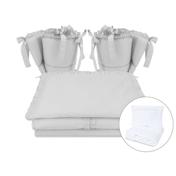 Set lenjerie patut cu 6 piese, Cu volanase, Cu pilota si perna, Cu doua aparatori laterale, Din bumbac certificat Oeko Tex Standard 100, Pentru patut 120x60 cm, Colectia Royal, Grey, MimiNu