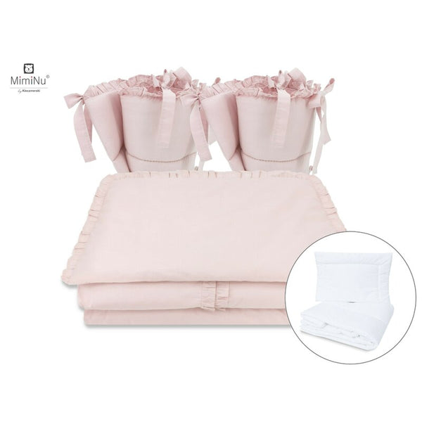 Set lenjerie patut cu 6 piese, Cu volanase, Cu pilota si perna, Cu doua aparatori laterale, Din bumbac, Pentru patut 120x60 cm, Colectia Royal, Powder Pink, MimiNu