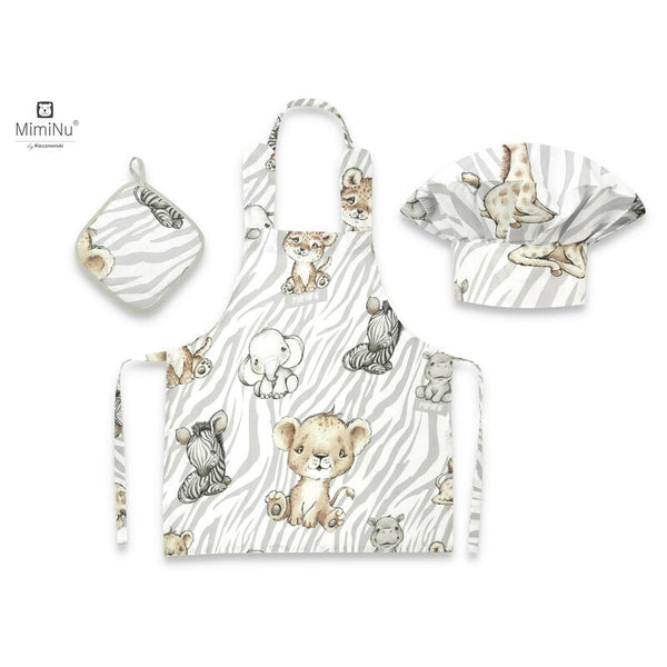 Set Micutul bucatar, Cu sort, o boneta si accesoriu pentru vase calde, Safari Natural, MimiNu