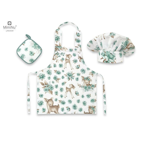 Set Micutul bucatar, Cu sort, o boneta si accesoriu pentru vase calde, Sweet Deer Mint, MimiNu