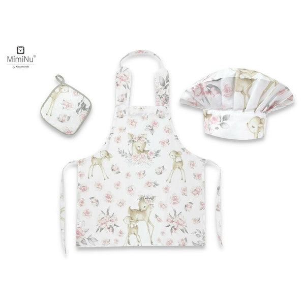 Set Micutul bucatar, Cu sort, o boneta si accesoriu pentru vase calde, Sweet Deer Pink, MimiNu