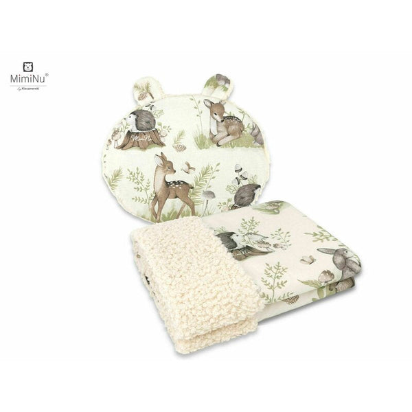 Set paturica calduroasa 70x100 cm si perna ergonomica Ursulet 33x27 cm, Cu doua fete si urechi, Din tesatura imitatie de lana si bumbac, Ecru Calm Forest Natural, MimiNu