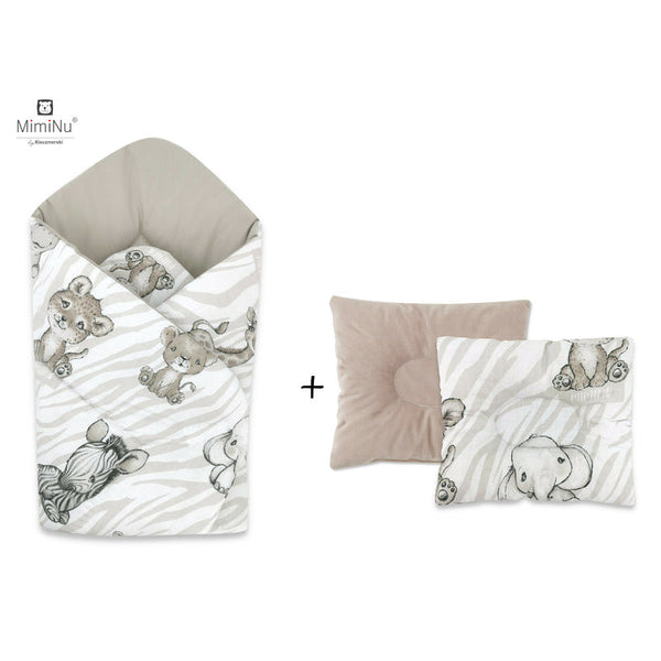 Set paturica de infasat cu doua fete, Dimensiune 75x75 cm + Perna bebelusi profilata, Cu doua fete, Cu functie anti-soc, Dimensiune 23x26 cm, Materiale certificate Oeko Tex Standard 100, Safari Beige, MimiNu