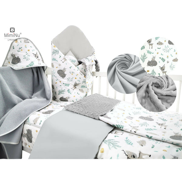 Set pentru bebelusi, 6+1 piese, Cu paturica de infasat, Prosop, Paturica, Cearceaf 120x60 cm, Fata de perna, Husa pilota, Jucarie textila senzoriala, Din bumbac certificat Oeko Tex Standard 100, 135x100 cm, Forest Friends Mint, MimiNu