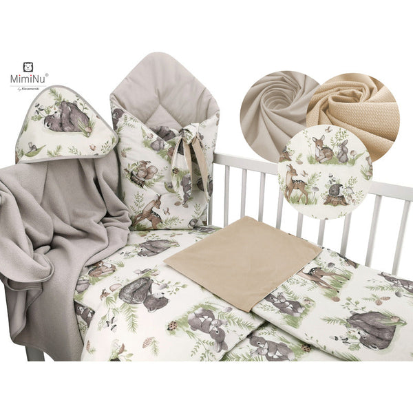 Set pentru bebelusi, 6+1 piese, Cu paturica de infasat, Prosop, Paturica, Cearceaf 120x60 cm, Fata de perna, Husa pilota, Jucarie textila senzoriala, Din bumbac certificat Oeko Tex Standard 100, 135x100 cm, Design, Calm Forest Natural, MimiNu
