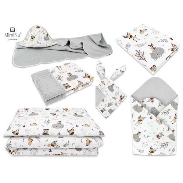 Set pentru bebelusi, 6+1 piese, Cu paturica de infasat, Prosop, Paturica, Cearceaf 120x60 cm, Fata de perna, Husa pilota, Jucarie textila senzoriala, Din bumbac certificat Oeko Tex Standard 100, 135x100 cm, Forest Friends Beige, MimiNu