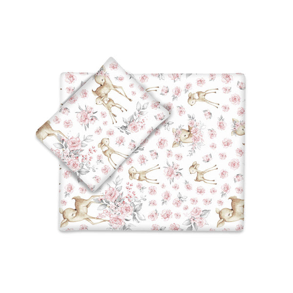 Set pentru carucior cu pernuta si paturica, Cu huse detasabile si lavabile, Din bumbac certificat Oeko Tex Standard 100, Sweet deer Pink, MimiNu