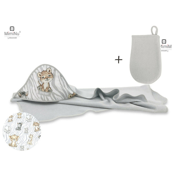 Set prosop mare cu gluga, Dimensiune 100x100 cm + Manusa de baie bebelusi, 12x21 cm, Materiale certificate Oeko Tex Standard 100, Safari Natural, MimiNu