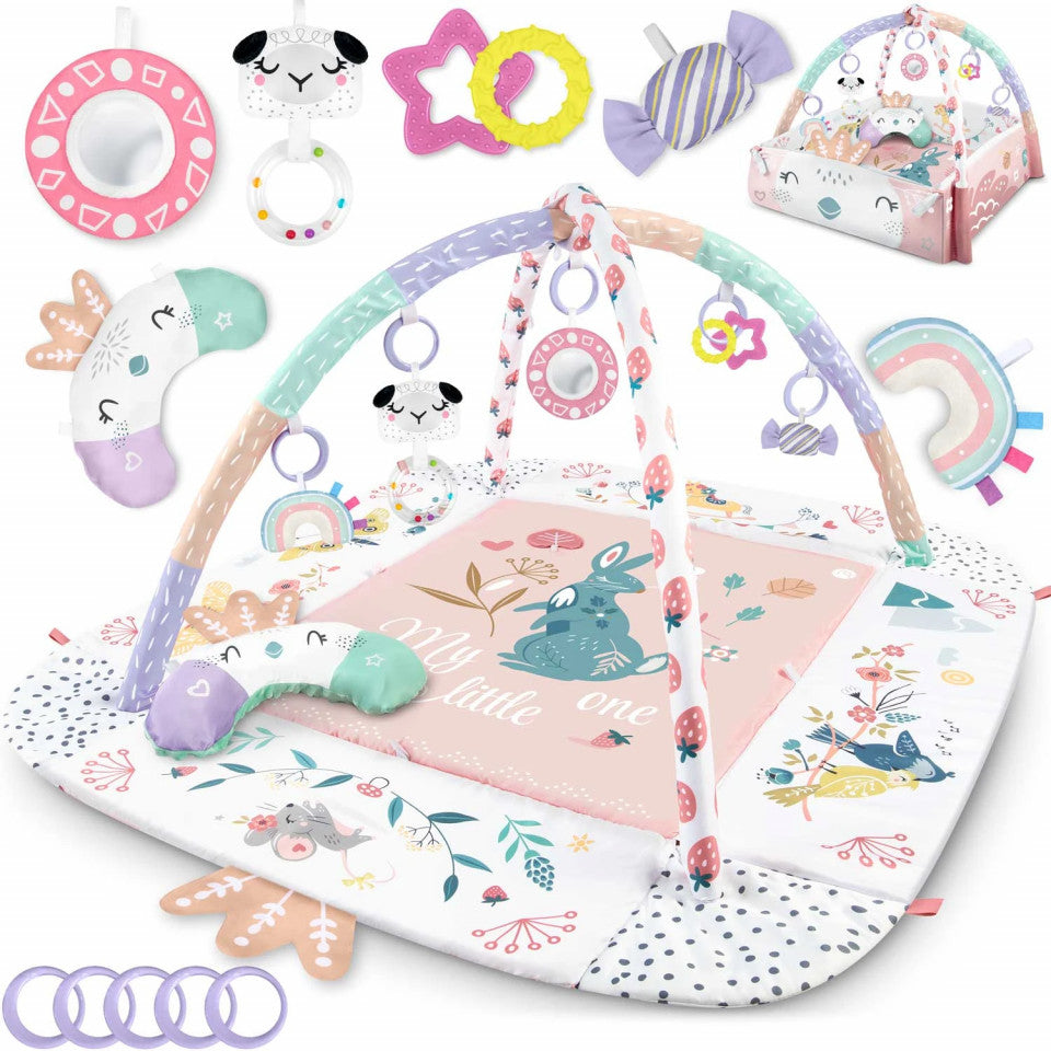 Covoras educativ pentru copii, multifunctional, pereti reglabili, 7 jucarii interactive, oglinda, 110 x 100 cm Pasari, Nukido