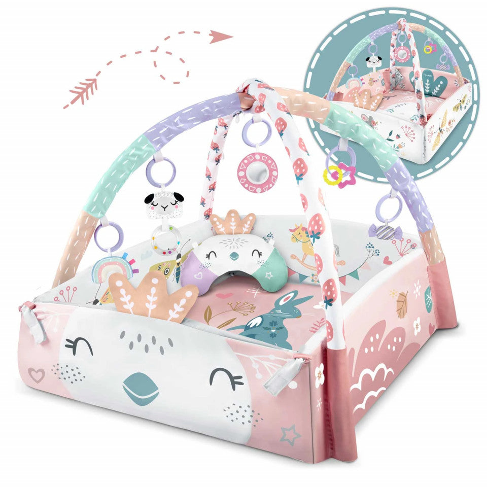 Covoras educativ pentru copii, multifunctional, pereti reglabili, 7 jucarii interactive, oglinda, 110 x 100 cm Pasari, Nukido