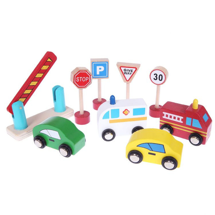 Parcare din Lemn, cu 3 Etaje, Garaj cu Lift, 4 Masinute si Indicatoare Rutiere, Ecotoys