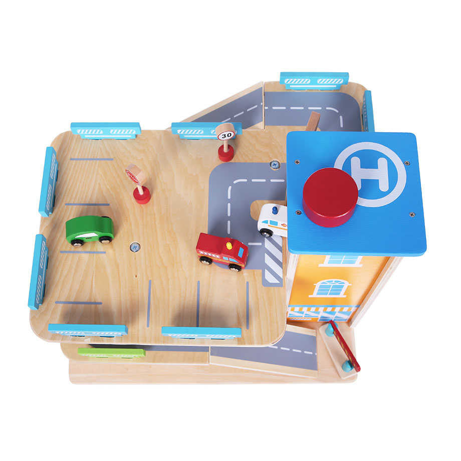 Parcare din Lemn, cu 3 Etaje, Garaj cu Lift, 4 Masinute si Indicatoare Rutiere, Ecotoys