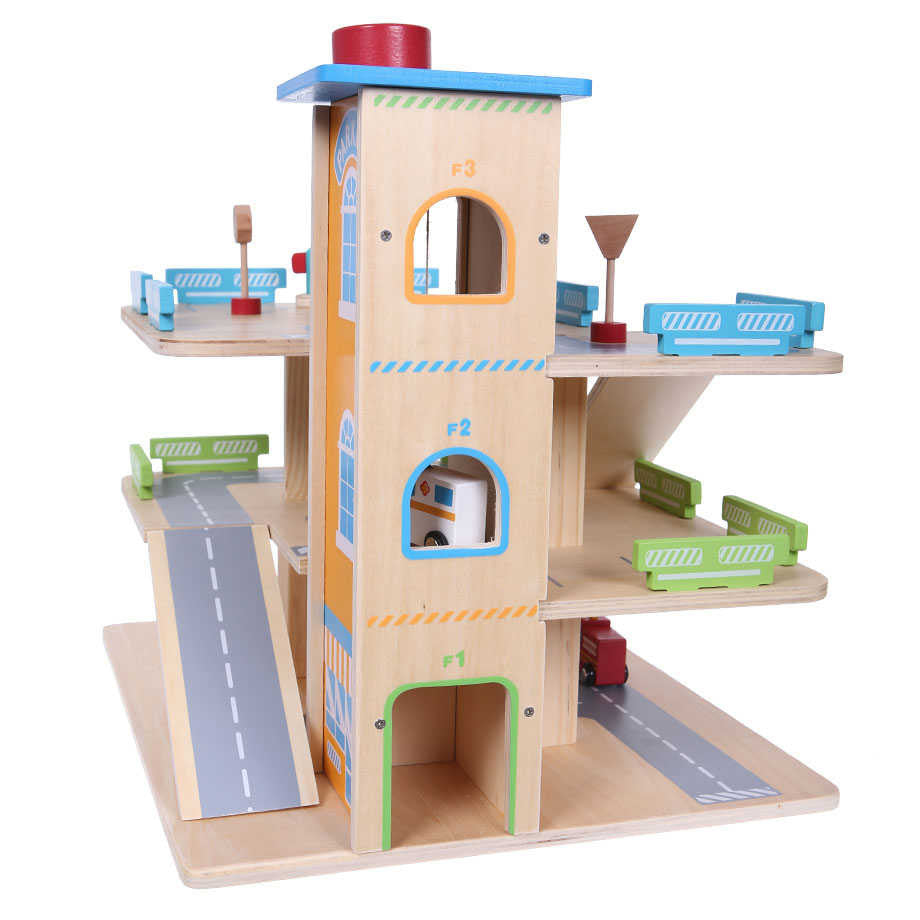Parcare din Lemn, cu 3 Etaje, Garaj cu Lift, 4 Masinute si Indicatoare Rutiere, Ecotoys