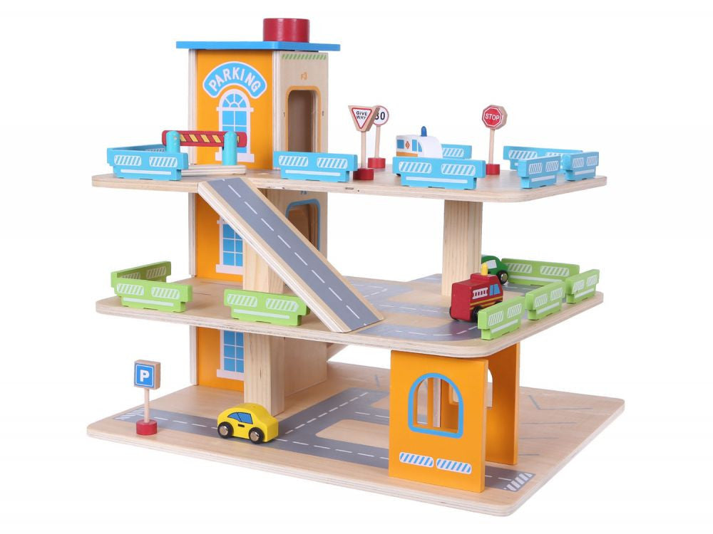 Parcare din Lemn, cu 3 Etaje, Garaj cu Lift, 4 Masinute si Indicatoare Rutiere, Ecotoys