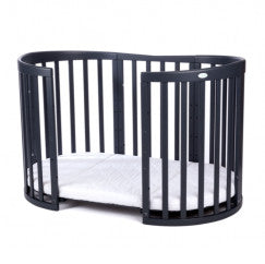 Patut Oval Evolutiv pentru Copii, 7in1, Saltele Incluse, Transformabil, Masa de Schimbat, Co-Sleeping, Tarc de Joaca, Birou, Scaune, Graphite, Waldin