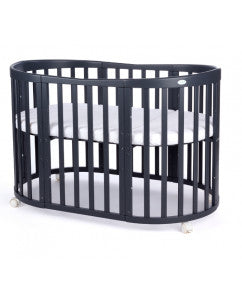 Patut Oval Evolutiv pentru Copii, 7in1, Saltele Incluse, Transformabil, Masa de Schimbat, Co-Sleeping, Tarc de Joaca, Birou, Scaune, Graphite, Waldin