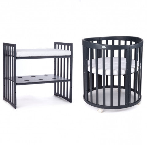Patut Oval Evolutiv pentru Copii, 7in1, Saltele Incluse, Transformabil, Masa de Schimbat, Co-Sleeping, Tarc de Joaca, Birou, Scaune, Graphite, Waldin