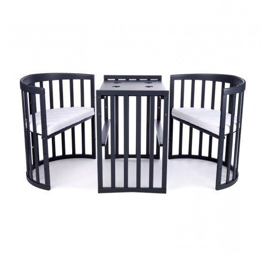Patut Oval Evolutiv pentru Copii, 7in1, Saltele Incluse, Transformabil, Masa de Schimbat, Co-Sleeping, Tarc de Joaca, Birou, Scaune, Graphite, Waldin