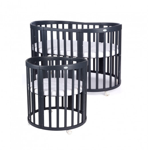 Patut Oval Evolutiv pentru Copii, 7in1, Saltele Incluse, Transformabil, Masa de Schimbat, Co-Sleeping, Tarc de Joaca, Birou, Scaune, Graphite, Waldin