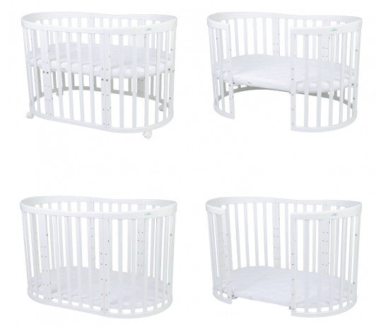 Patut Oval Evolutiv pentru Copii, 7in1, Saltele Incluse, Transformabil, Masa de Schimbat, Co-Sleeping, Tarc de Joaca, Birou, Scaune, Alb, Waldin