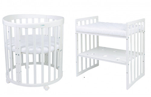 Patut Oval Evolutiv pentru Copii, 7in1, Saltele Incluse, Transformabil, Masa de Schimbat, Co-Sleeping, Tarc de Joaca, Birou, Scaune, Alb, Waldin