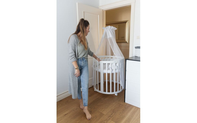 Patut Oval Evolutiv pentru Copii, 7in1, Saltele Incluse, Transformabil, Masa de Schimbat, Co-Sleeping, Tarc de Joaca, Birou, Scaune, Alb, Waldin