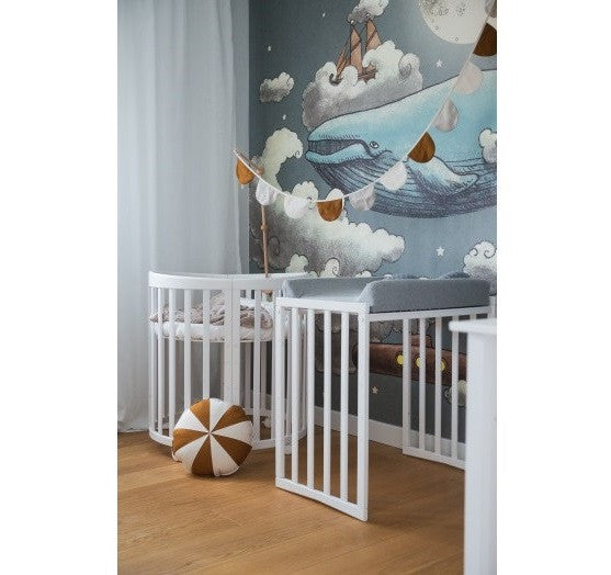 Patut Oval Evolutiv pentru Copii, 7in1, Saltele Incluse, Transformabil, Masa de Schimbat, Co-Sleeping, Tarc de Joaca, Birou, Scaune, Alb, Waldin