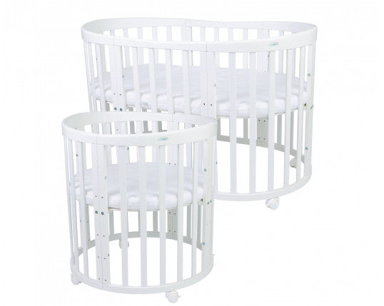 Patut Oval Evolutiv pentru Copii, 7in1, Saltele Incluse, Transformabil, Masa de Schimbat, Co-Sleeping, Tarc de Joaca, Birou, Scaune, Alb, Waldin
