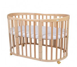 Patut Oval Evolutiv pentru Copii, Multifunctional, 7in1, Saltele Incluse, Transformabil, Masa de Schimbat, Co-Sleeping, Tarc de Joaca, Birou, Scaune, Natural, Waldin