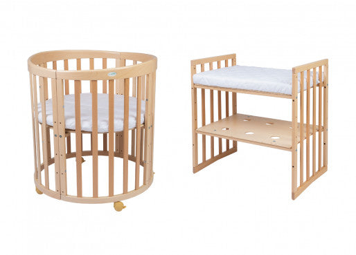 Patut Oval Evolutiv pentru Copii, Multifunctional, 7in1, Saltele Incluse, Transformabil, Masa de Schimbat, Co-Sleeping, Tarc de Joaca, Birou, Scaune, Natural, Waldin