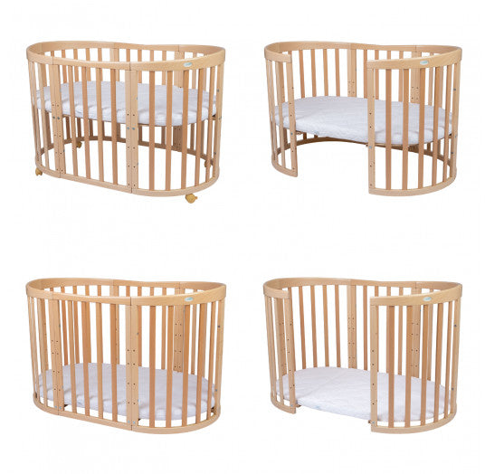 Patut Oval Evolutiv pentru Copii, Multifunctional, 7in1, Saltele Incluse, Transformabil, Masa de Schimbat, Co-Sleeping, Tarc de Joaca, Birou, Scaune, Natural, Waldin