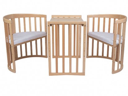 Patut Oval Evolutiv pentru Copii, Multifunctional, 7in1, Saltele Incluse, Transformabil, Masa de Schimbat, Co-Sleeping, Tarc de Joaca, Birou, Scaune, Natural, Waldin