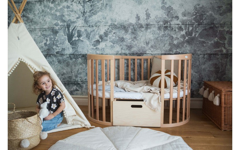 Patut Oval Evolutiv pentru Copii, Multifunctional, 7in1, Saltele Incluse, Transformabil, Masa de Schimbat, Co-Sleeping, Tarc de Joaca, Birou, Scaune, Natural, Waldin