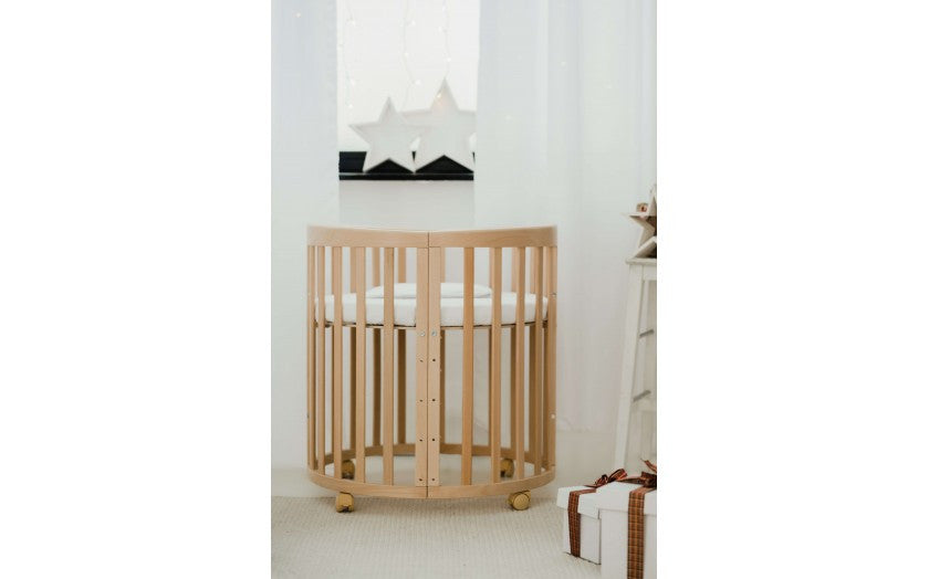 Patut Oval Evolutiv pentru Copii, Multifunctional, 7in1, Saltele Incluse, Transformabil, Masa de Schimbat, Co-Sleeping, Tarc de Joaca, Birou, Scaune, Natural, Waldin