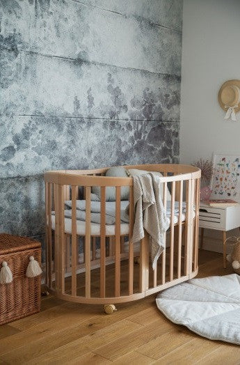 Patut Oval Evolutiv pentru Copii, Multifunctional, 7in1, Saltele Incluse, Transformabil, Masa de Schimbat, Co-Sleeping, Tarc de Joaca, Birou, Scaune, Natural, Waldin