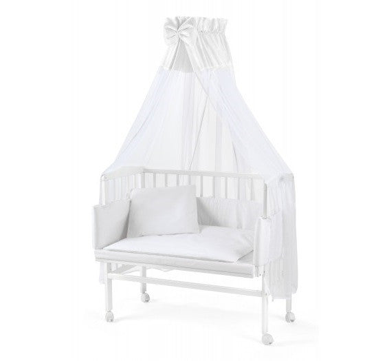 Patut pentru copii 2in1, 90 cm x 55 cm, lemn de fag, vopsea certificata, roti blocabile, laterala detasabila, co-sleeping, Saltea inclusa, Aparatoare laterala din bumbac, Baldacin cu Suport Metalic, Equipment, Alb, 88, Waldin