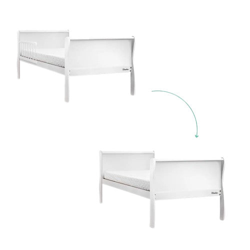 Patut pentru copii, din lemn masiv de Pin, 140 x 70 cm, protectii laterale incluse, Noble, Todler, Alb, Woodies Safe Dreams