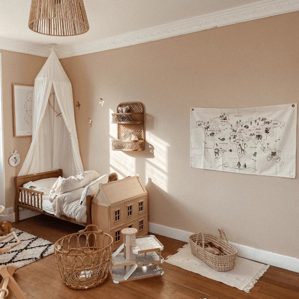 Patut pentru copii, din lemn masiv de Pin, 140 x 70 cm, protectii laterale incluse, Noble, Todler, Vintage, Woodies Safe Dreams