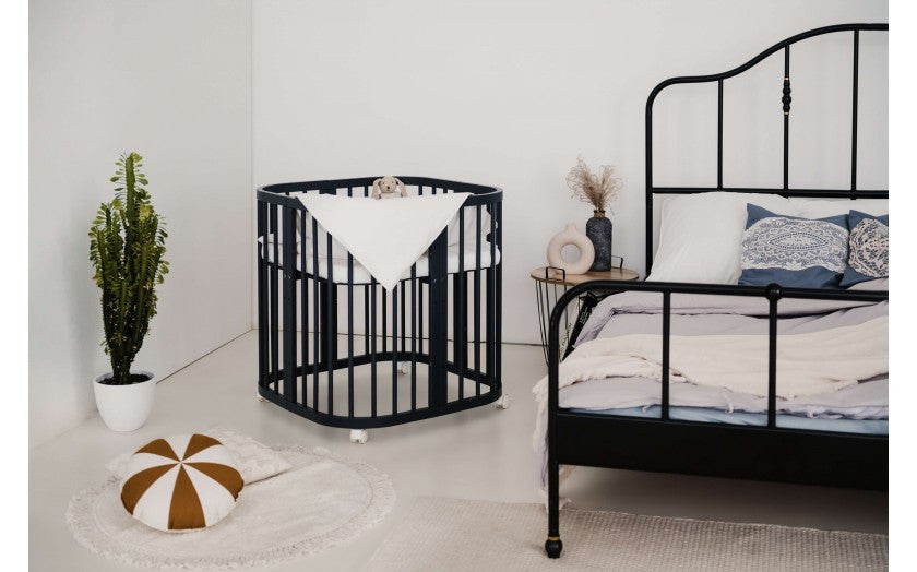 Patut Rotund Evolutiv pentru Copii, 7in1, Saltele Incluse, Transformabil, Masa de Schimbat, Co-Sleeping, Tarc Joaca, Birou, Scaune, Graphite, Waldin