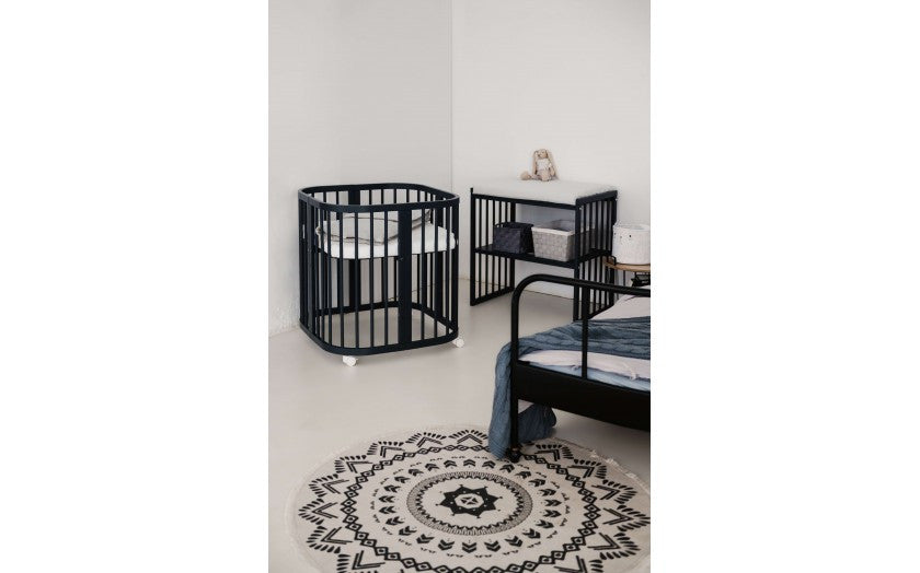 Patut Rotund Evolutiv pentru Copii, 7in1, Saltele Incluse, Transformabil, Masa de Schimbat, Co-Sleeping, Tarc Joaca, Birou, Scaune, Graphite, Waldin