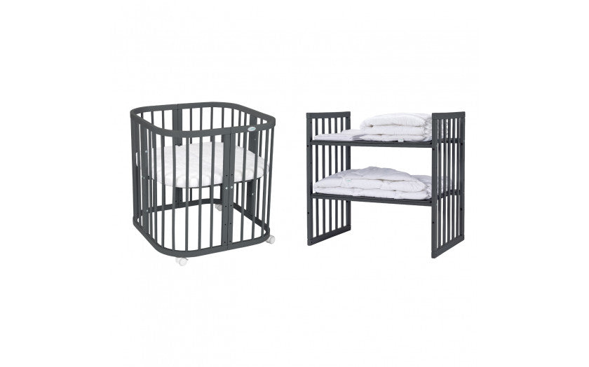 Patut Rotund Evolutiv pentru Copii, 7in1, Saltele Incluse, Transformabil, Masa de Schimbat, Co-Sleeping, Tarc Joaca, Birou, Scaune, Graphite, Waldin