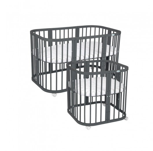 Patut Rotund Evolutiv pentru Copii, 7in1, Saltele Incluse, Transformabil, Masa de Schimbat, Co-Sleeping, Tarc Joaca, Birou, Scaune, Graphite, Waldin