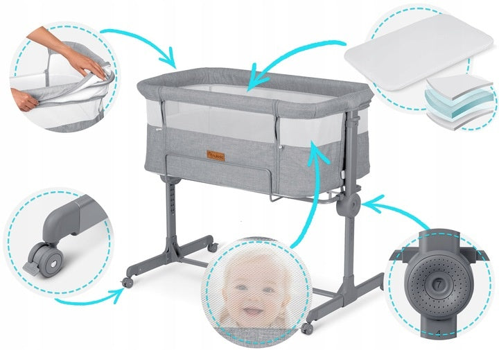 Patut suplimentar cosleeping pentru copii, 80 x 47 cm, Nukido, NK-243, Grey, pliabil, roti blocabile, inaltime ajustabila, saltea, sistem de fixare, sarcina 9 kg