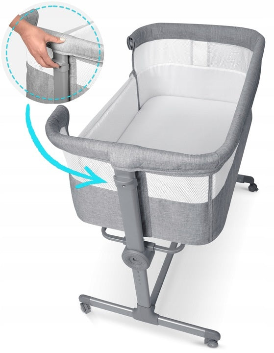 Patut suplimentar cosleeping pentru copii, 80 x 47 cm, Nukido, NK-243, Grey, pliabil, roti blocabile, inaltime ajustabila, saltea, sistem de fixare, sarcina 9 kg
