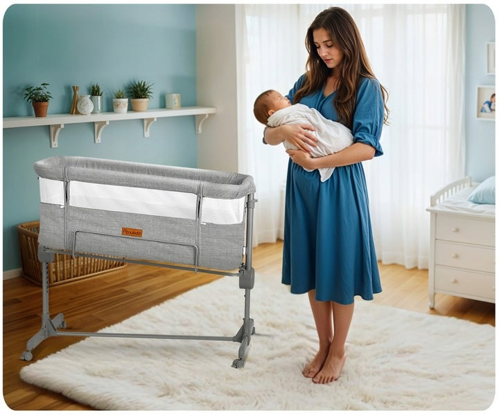Patut suplimentar cosleeping pentru copii, 80 x 47 cm, Nukido, NK-243, Grey, pliabil, roti blocabile, inaltime ajustabila, saltea, sistem de fixare, sarcina 9 kg