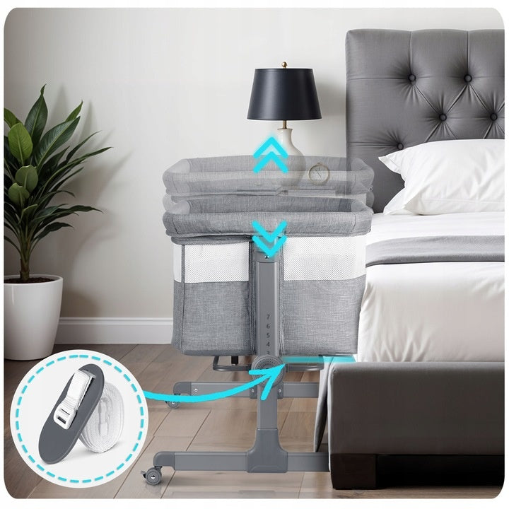 Patut suplimentar cosleeping pentru copii, 80 x 47 cm, Nukido, NK-243, Grey, pliabil, roti blocabile, inaltime ajustabila, saltea, sistem de fixare, sarcina 9 kg