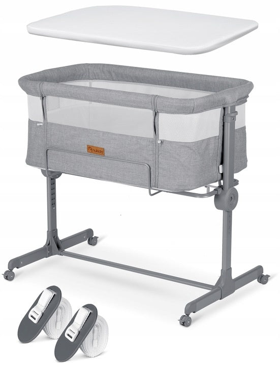 Patut suplimentar cosleeping pentru copii, 80 x 47 cm, Nukido, NK-243, Grey, pliabil, roti blocabile, inaltime ajustabila, saltea, sistem de fixare, sarcina 9 kg
