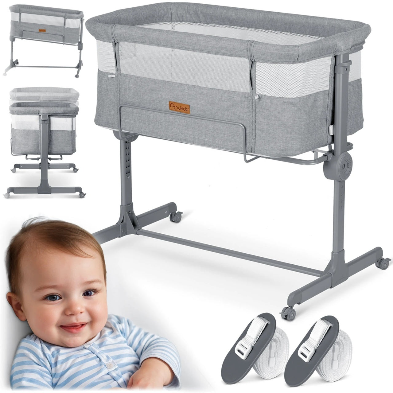 Patut suplimentar cosleeping pentru copii, 80 x 47 cm, Nukido, NK-243, Grey, pliabil, roti blocabile, inaltime ajustabila, saltea, sistem de fixare, sarcina 9 kg